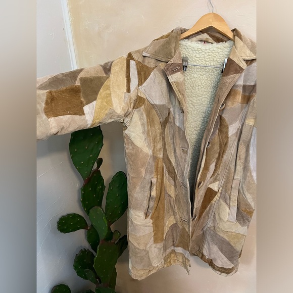 vintage patchwork leather shearling jacket, Suade 90s Scandinavian - Picture 2 of 6